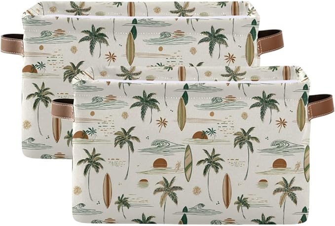 Aslsiy Storage Basket Hawaii Palm Surf Nursery Bins Brown Baby Box Canvas Clothes Shelf Basket Laundry Hamper Gift Baskets for Home Closet 2 Pcs