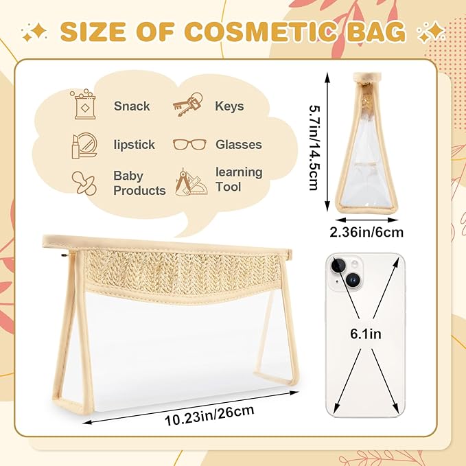 Personalized Initial Letter Bag Boho Straw Clear Makeup Bag, Small Cute Chenille Varsity Letter Pouch With Zipper, Beach Travel Toiletry, Portable Monogrammed Cosmetic Bag for Women Girls