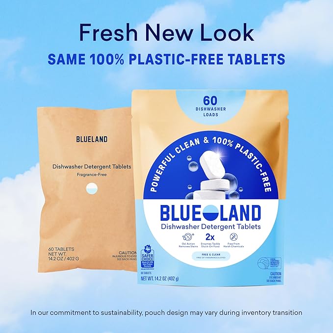 BLUELAND 100% Plastic-Free Dishwasher Detergent Tablets, 120 Count, Free & Clear, Eco-Friendly Dishwashing Pods, Natural, USDA Certified biobased