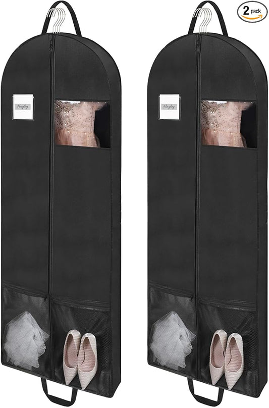 2 Pack 65" Long Garment Bags for Dress Travel Garment Bag with 4" Gusseted Wedding Dress Cover with 2 Mesh Pockets and 2 Carry Handles(Black)