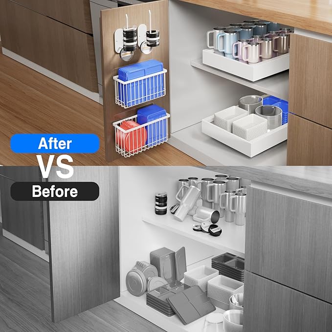 4 Pack Adhesive Cabinet Door Organizer, Lid Organizers Inside Cabinet Food Container/Tumbler Lid Organizer and Storage Cup Lids Holder for Kitchen & Bathroom Wall Mounted (White)