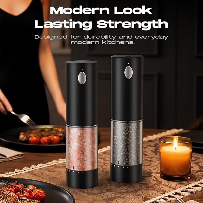 Electric Salt and Pepper Grinder Set, Rechargeable Automatic Salt and Pepper Shaker with 6 Adjustable Coarseness, Large-Capacity Pepper Mill Kitchen Appliances Gifts for Women(Black）