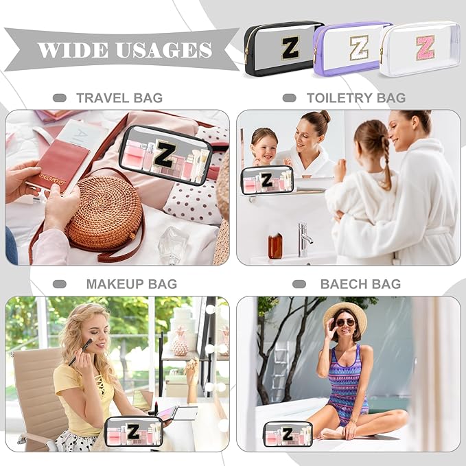 Personalized Initial Letter Clear Makeup Bag, Preppy Small Nylon & PVC Cosmetic Zipper Bag with Chenille Letter, Travel Skincare Toiletry Bag, Monogram Christmas Gift for Teen Girls Women