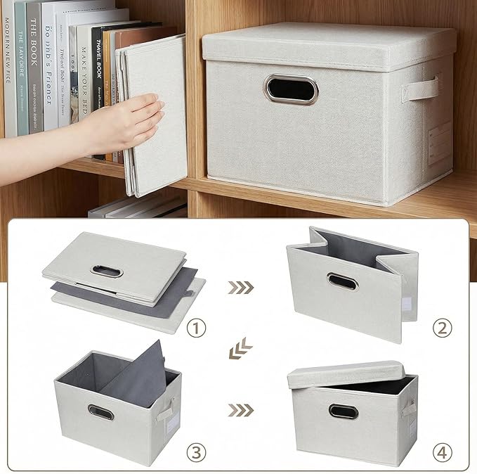 PRANDOM Storage Bins with Lids [3-Pack] Linen Fabric Foldable Storage Boxes Organizer Containers Baskets Cube with Cover for Bedroom Closet Office Beige (11.4"x8.6"x6.7")