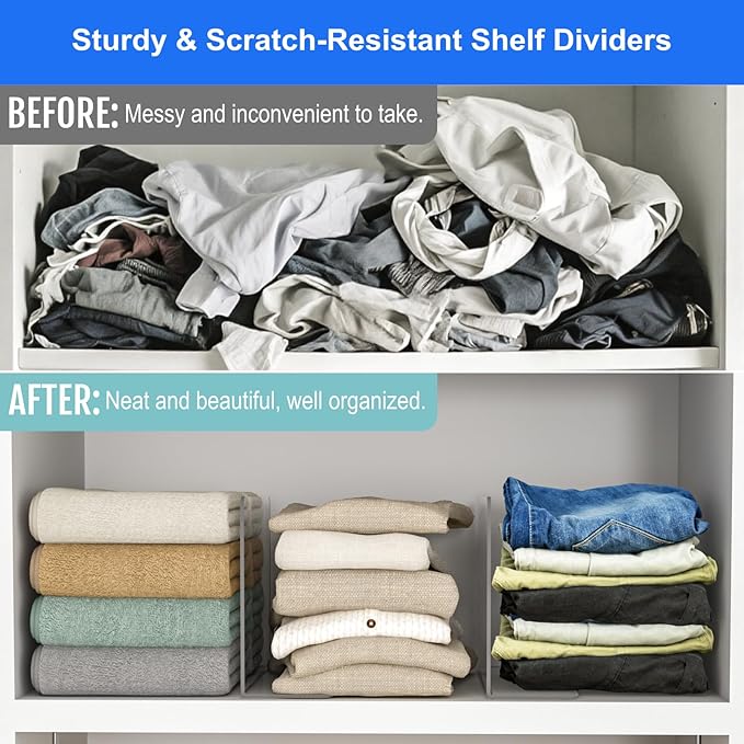 OKPOW Shelf Dividers Closet Organizer - 7.5" Tall X 11.8" Deep Acrylic Clear Sturdy Separate for Clothes Purse - Adjustable Space Saver Easy Install for Home Organization Enthusiasts 8 Pack