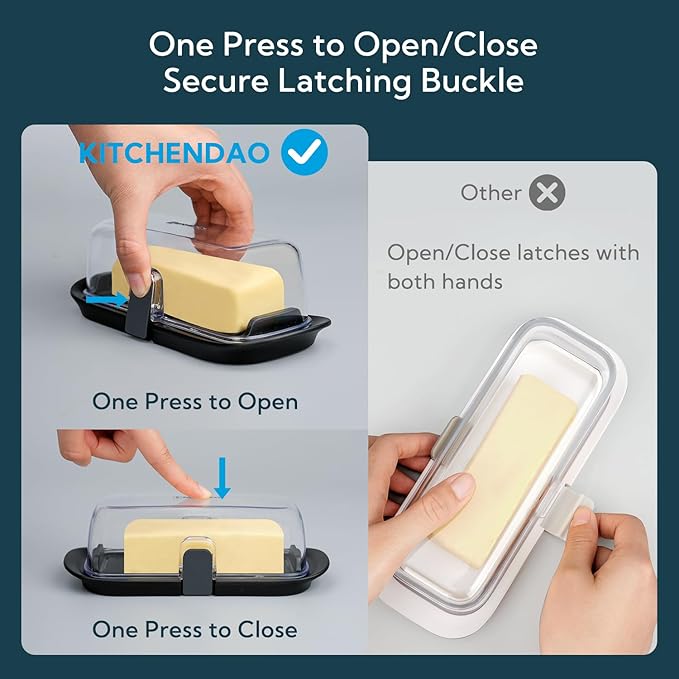 KITCHENDAO One-handed Airtight Butter Dish with Lid for Countertop and Refrigerator Door Shelf, Butter Holder with One Press to Open/Close Secure Latching Buckle for West/East Coast Butter (Black)