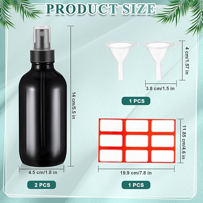 Fumete 2 Pack Glass Bottles 4oz Empty Refillable Liquid Containers with 1 Label 1 Funnel for Essential Oils Hair Travel Plants Cleaning Skin Care(Black, Black Top,Mist Bottle)