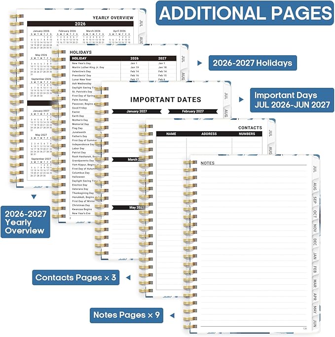 Academic Planner 2026-2027, Weekly and Monthly Calendar Book, July 2026 – June 2027, Hardcover Planner with Tabs, Perfect for Teachers, Students, Women & Men, A5 (6.4" x 8.5") - Watercolor Petal