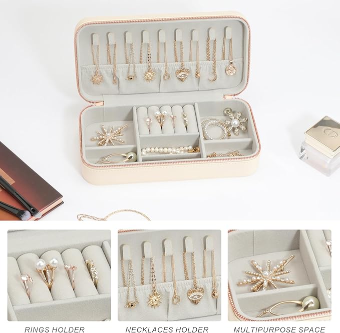 Travel Jewelry Case, Small Jewelry Organizer Box Portable Jewellery Box for Rings Earrings Necklaces Bracelets, Beige C