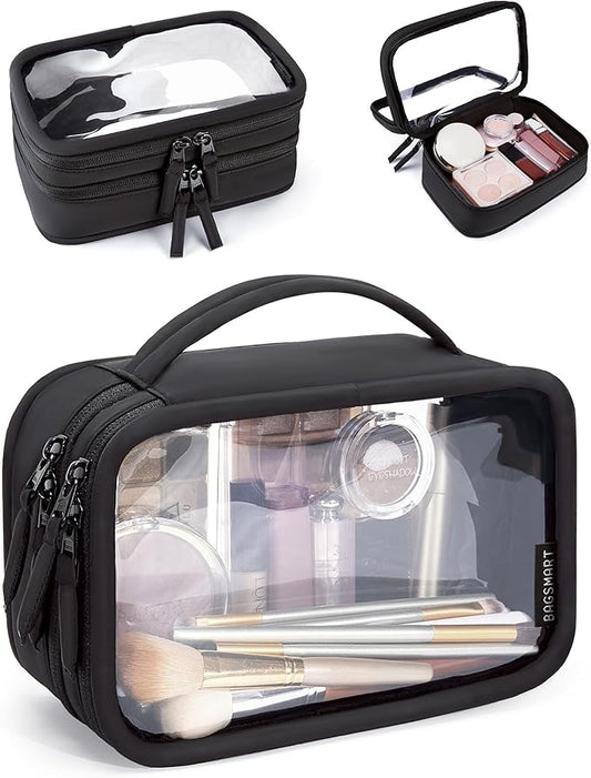 BAGSMART Double Layer Clear Makeup Bag, TSA-Approved Toiletry Bag, Large Opening with Handle, Cute Water-Resistant Travel Cosmetic Bag with Double Zipper for Car Essentials (Black)
