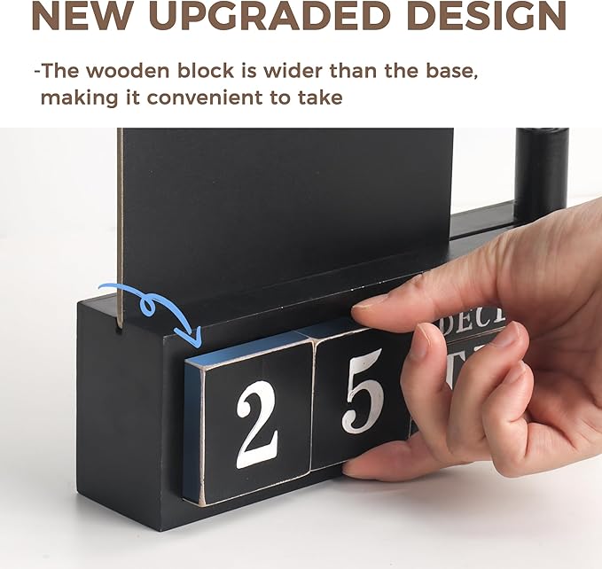 SELEAD Wooden Block Desk Calendar with Chalk Board - Daily Desktop Perpetual Calendar Words Sign Quotes for Home Office Classroom Decor, Teachers Students - Black