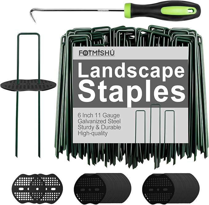 FOTMISHU Landscape Staples 6Inch 250pcs Garden Stakes + 250pcs Gasket, Lawn Pins with Spray Coating Craft,11Gauge Anti-Rust Ground Yard Spikes Anchoring for Outdoor Tents Irrigation Hoses (Green)