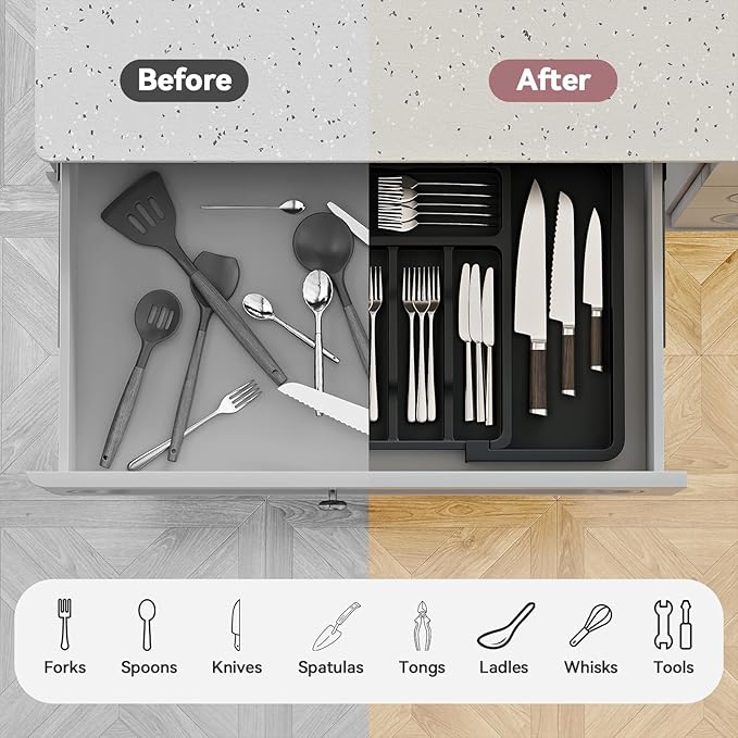 2 Pack Silverware Organizer, Expandable and Adjustable Kitchen Utensil Drawer Organizer, Plastic Cutlery Holder with Multiple Compartments, Cutlery Holder, for Spoons Forks Knives, Black, UAFD012B