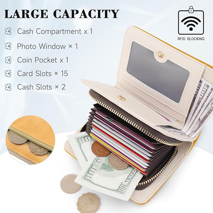 Women RFID Blocking Small Bifold Wallet, Compact Cash Clutch with Zipper Coin Pocket, Glittery Butterfly Design, Credit Card Holder, Travel Purse with Tassel YELLOW