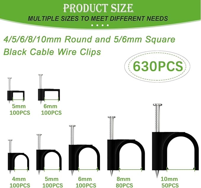 mxuteuk 630PCS Cable Clips with Steel Nails, 4/5/6/8/10mm Round and 5/6mm Square Black Cable Wire Clips, Wall Clips for Cords, Cable Cord Clips for RG6 RG59 CAT6 RJ45