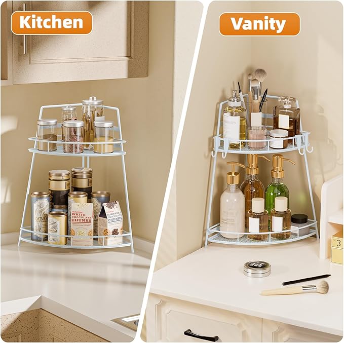VITVITI 2 Tier Corner Bathroom Counter Organizer, Metal Bathroom Countertop Organizer Shelf Storage, Bath Room Sink Makeup Organizers for Vanity Perfume Skincare with Hooks, White