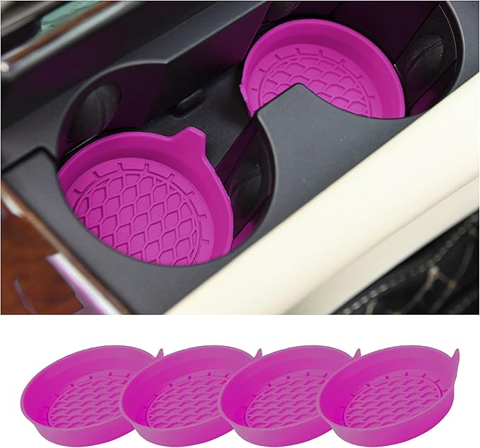 4PCS Car Cup Holder Coaster, Silicone Non-Slip Vehicle Cup Holder Insert Pads, Automotive Interior Insulation Drink Cup Mats Decor Accessories, Universal for SUV, Sedan, Truck (Purple)