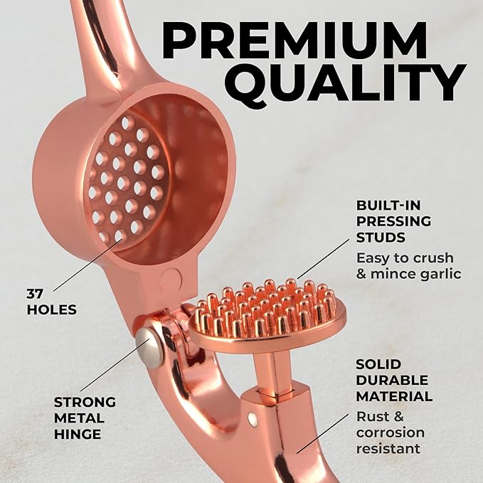 Zulay Kitchen Premium Garlic Press - Durable Garlic Masher with Soft, Easy to Squeeze Handle - Garlic Mincer Tool - Sturdy Easy to Clean Garlic Crusher (Rose Gold)