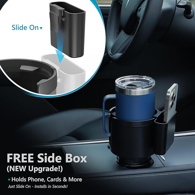 Seven Sparta Cup Holder Expander with Phone Holder & Cable Access, 3-in-1 Car Organizer, Side Storage Box for Phone/Cards, Compatible with Yeti, Owala, Hydro Flasks & Large Bottles Mugs in 3.5"-4.0"