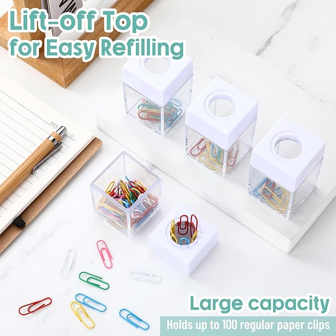 4 Pieces Magnetic Paper Clip Dispenser Holder Paperclip Dispenser for Desk, School, Office(White)