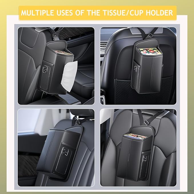 Tumecos Car Storage Organizer for Front and Back Seat,Rectangle Car Tissue Box Holder,Side Mount Hanging Bags with 2 Mesh Pockets,Waterproof Consoles Organizers,Napkin Cover