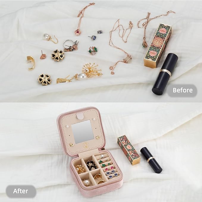 Plush Velvet Travel Jewelry Case Organizer, Small Travel Jewelry Box,Portable Jewelry Box Travel Mini Organizer Portable Display Storage Box For Rings Earrings Necklaces (Pink)