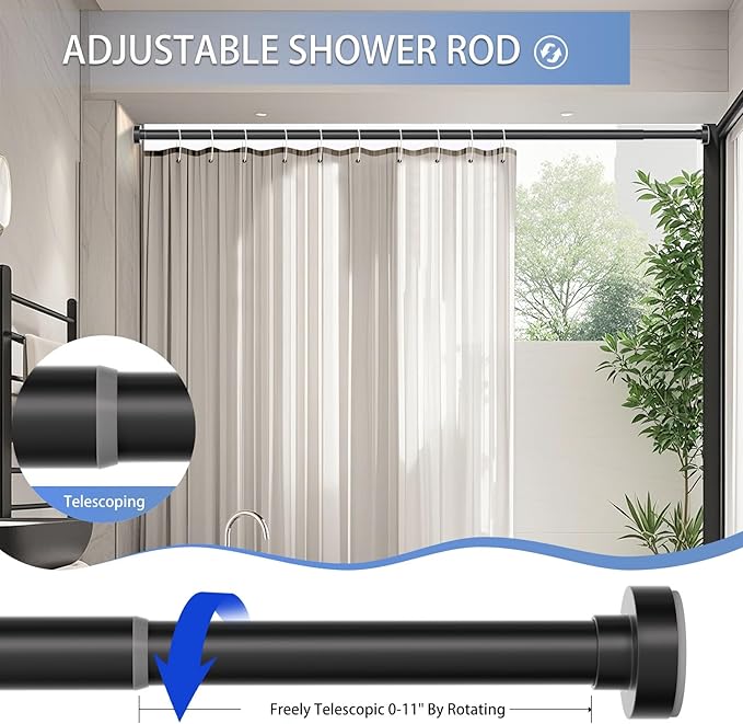 Black Shower Curtain Rod 34-96 Inches(2.8-8ft) Never Rust Adjustable Shower Rod Spring Tension Non Slip No Drilling Shower Rods for Bathroom Garland Window