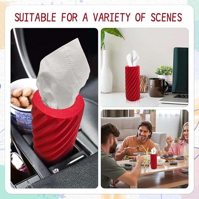 Car Tissue Holder, Refillable Round Cylinder with 3 Tissue Packs, Universal Fit for Vehicle Cup Holder, Home & Office, Car Accessories Interior (Red)