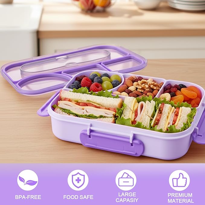 Bento Box for Adults,4 Compartments Lunch Box, Snack Containers Reusable Lunch Containers Drop-Proof, Dishwasher Safe & Made with BPA-Free Materials, Purple