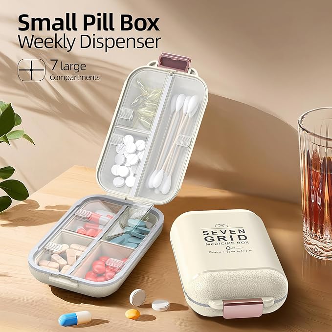 Portable Pill Organizer, Pill Box with 7 Compartments, Small Pill Case for Travel, Daily Medicine Pill Organizer with Air-Tight Lid, BPA-Free Material Pill Container (White)