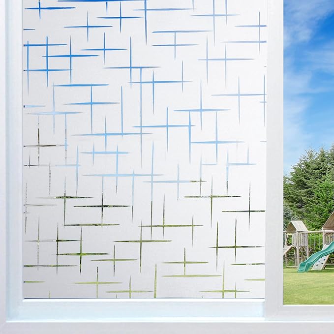 Window Privacy Film Frosted Glass Window Film Decorative, Removable Static Cling Heat Blocking Sun Blocker Front Door Window Covering for Bathroom Home Office (Cross Pattern,35.4" x 78.7")