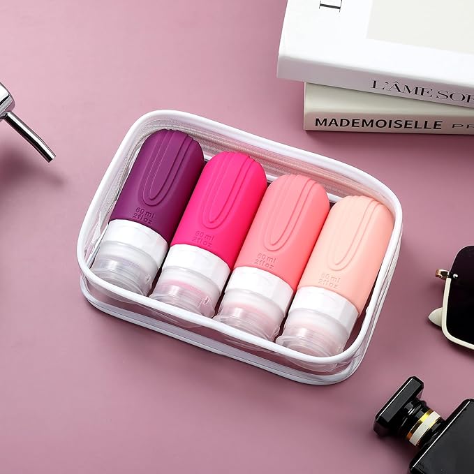 Travel Bottles for Toiletries, Tsa Approved 2oz Travel size Bottles, BPA Free Leak Proof Travels Toiletry Containers, Traveler Accessories with Toiletry Bag for Shampoo Liquid (4 Pack)