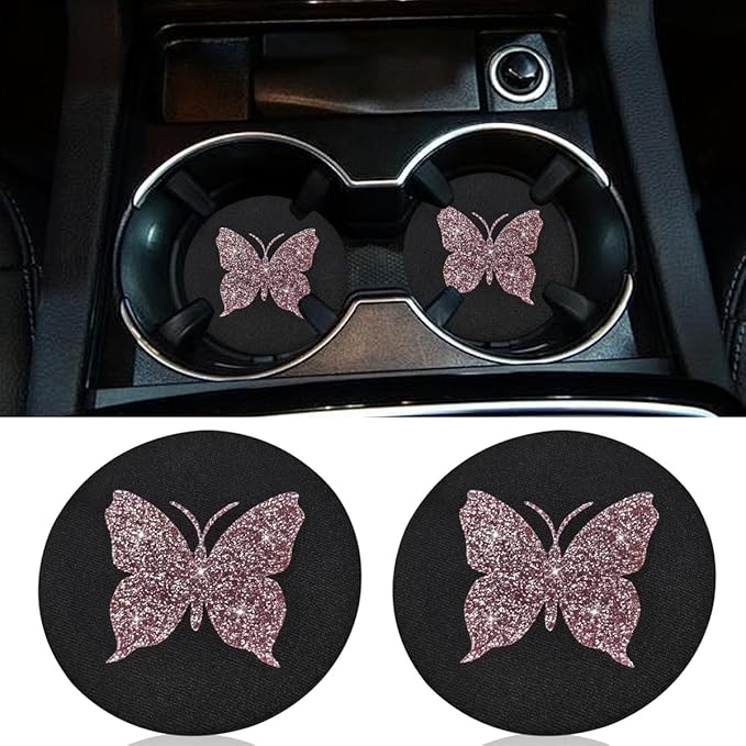 2PCS Bling Butterfly Car Coasters, 2.75 Inch Anti Slip Insert Cup Holder Coaster, Rhinestone Vehicle Cup Holder Decoration Pad, Universal Auto Interior Drink Water Bottle Mat Accessory (Pink)
