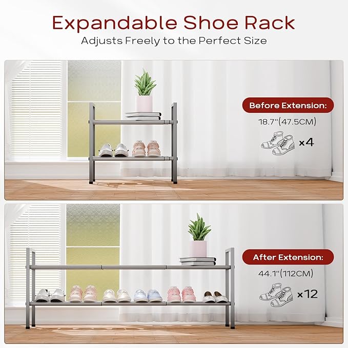 Bumusty 2-Tier Long Expandable Shoe Rack for Closet, 18"-44" Adjustable Shoe Rack for Entryway, 10-12 Pairs Large Shoe Organizer Shelf Storage, Sturdy Metal, Light Grey