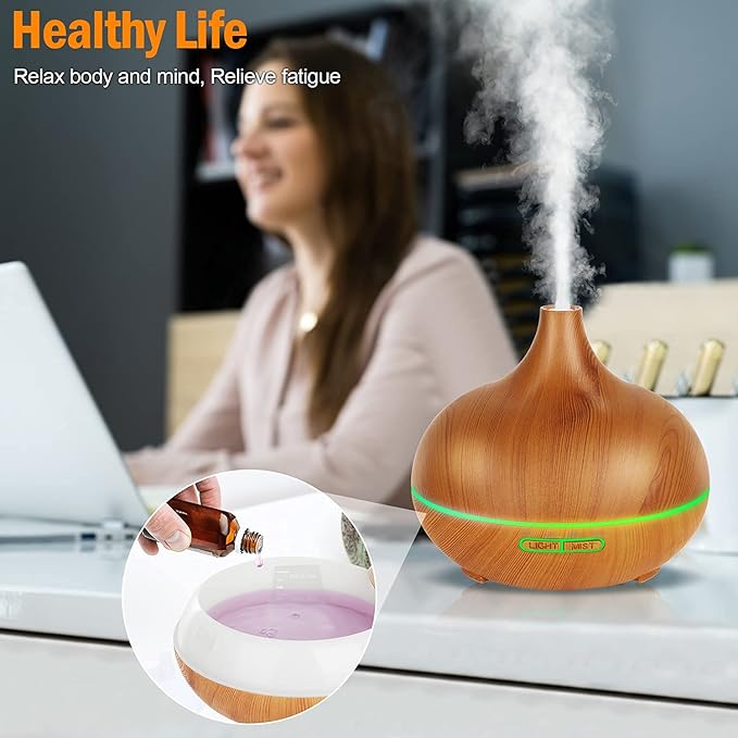 Diffuser for Essential Oil, 550ml Scent Humidifier with 7 Light Colors 4 Timer Setting Waterless Auto Off