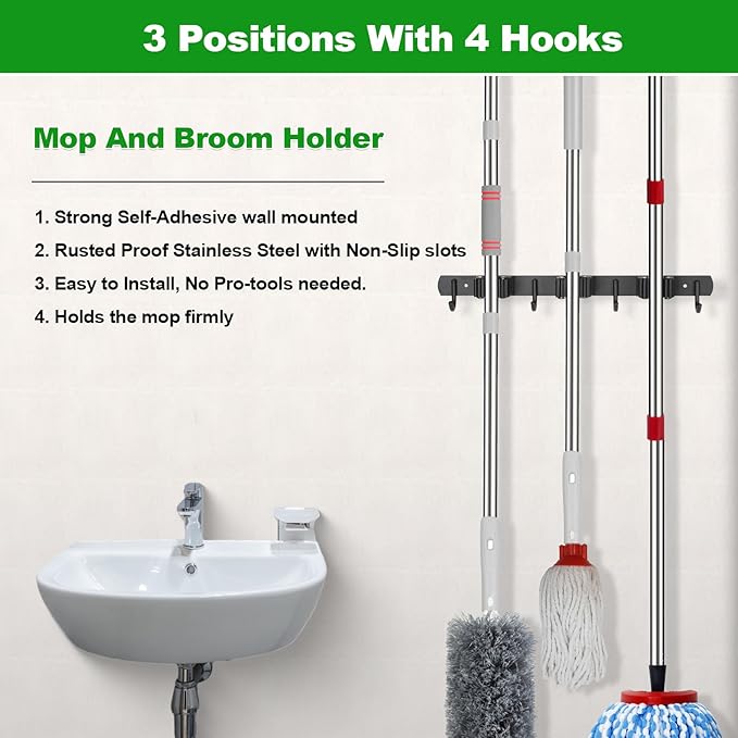 voze 3 Racks and 4 Hooks Mop and Broom Holder Wall Mount, Self-Adhesive Heavy Duty Broom Organizer Storage Tool Racks for Kitchen Garden Laundry Garage