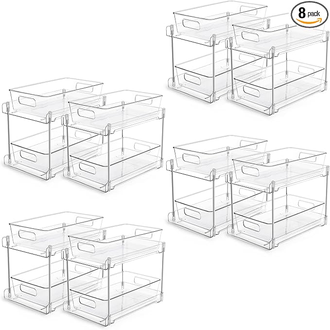 Vtopmart 8 Pack Bathroom Organizer, 2 Tier Clear Under Sink Organizers Vanity Countertop Storage Container, Cabinet Drawers Bins, Pull-Out Organization with Track for Pantry, Kitchen