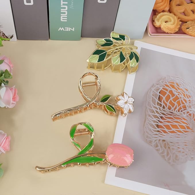 3-Piece Flower Metal Hair Accessories: Pink Tulip Floral Hair Claw, Elegant Lily Barrettes, Cute Leaves Hair Clips for Thin/Medium Thick Hair with Strong Hold and Non-Slip Design