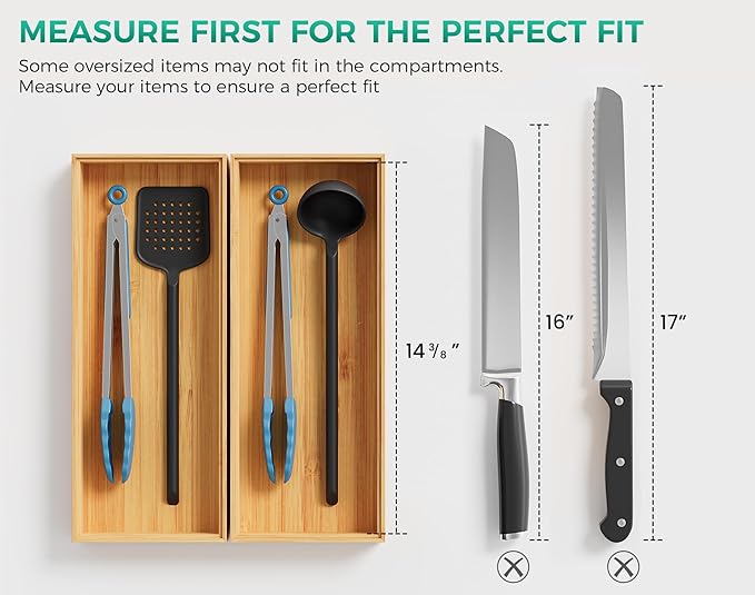 Bamboo Kitchen Drawer Organizer Boxes – 15" x 6" Stackable Wood Silverware Utensil Tray for Drawers Bins, Cutlery & Flatware Storage – Wooden Organizers Set of 2 for Junk Drawer, Bathroom, RV