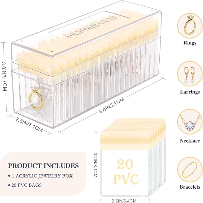 Acrylic Jewelry Box Organizer, Clear Jewelry Organizer Holder with 20 Portable Anti Tarnish Jewelry bags, Travel Jewelry Case for Earrings/Rings/Necklaces for Women Girls, Yellow
