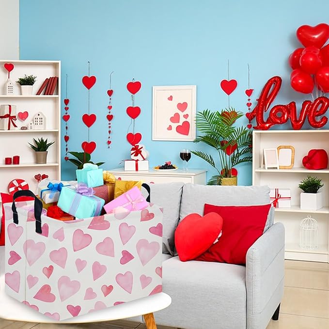 Rectangular Pink Valentine's Day Gift Basket,nursery basket,Pink girls gift baskets,kids toy storage Bin, Love Heart Room Decor for Home,Shelf Baskets(Pink love)