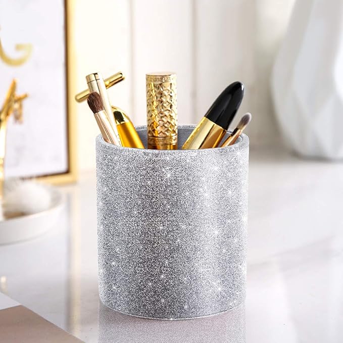 WAVEYU Glitter Pen Holder, Pencil Cup Desk Sparky Bling for Women Girls, Luxury Durable Makeup Brush Holder Large Pu Leather Multi-Functional Organizer Cup for Office, Classroom, Home, Silver