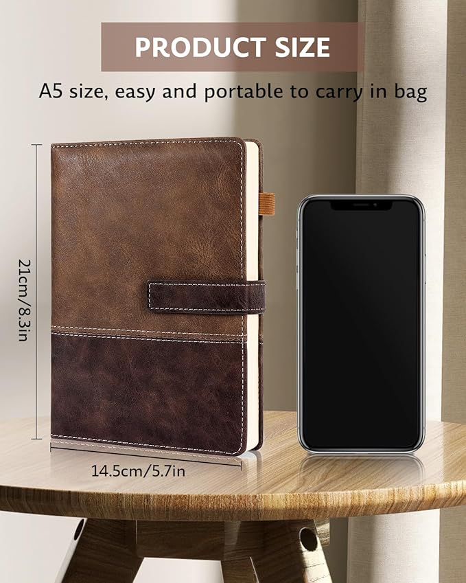 Leather Notebook Journal with Pen, A5 Lined Hardcover Notebook with Magnetic Closure, 240 Pages Daily Journal for Men Women, Ruled Journal Notebooks for Work, Writing, Note Taking - Brown