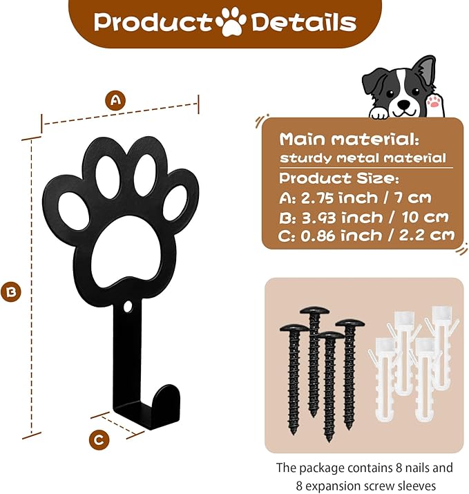 8PC Dog Leash Hooks for Wall Cute Metal Cat Leash Holder Wall Mounted Key Hooks Pet Accessory Holder for Entryway Hallway Kitchen Office, Pet Themed Gifts, Great Gift for Dog and Cat Lovers