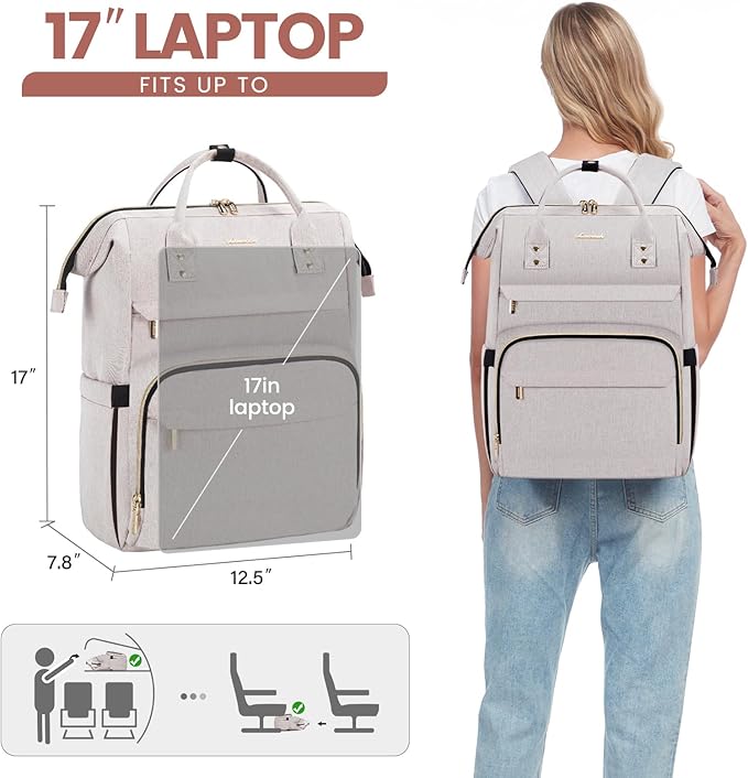 LOVEVOOK Laptop Backpack for Women, 17 Inch Professional Women's Travel Backpack Purse Computer Laptop Bag Nurse Teacher Backpack, Waterproof College Work Bags Carry-on Backpack with USB Port, Off-white