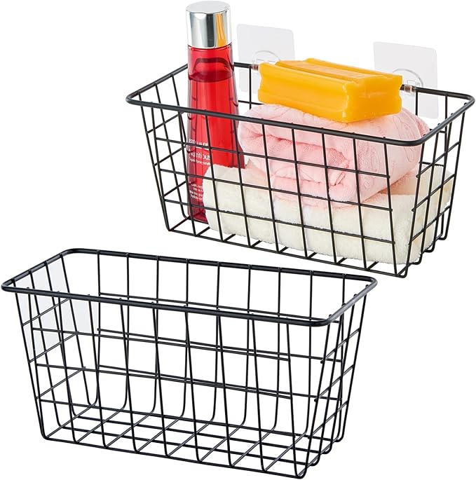 2 Pack Hanging Storage Basket, Bathroom Basket, Household Goods, with Traceless Tape, no Drilling, for Cabinet Storage, Kitchen, Bathroom, Storage Room,Black