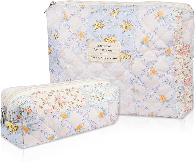 2PC Makeup Bag Set, Cute Cosmetic Bag for Women Girls, Floral Coquette Aesthetic Toiletry Bag, Travel Make Up Organizer Bag (Folk Style)