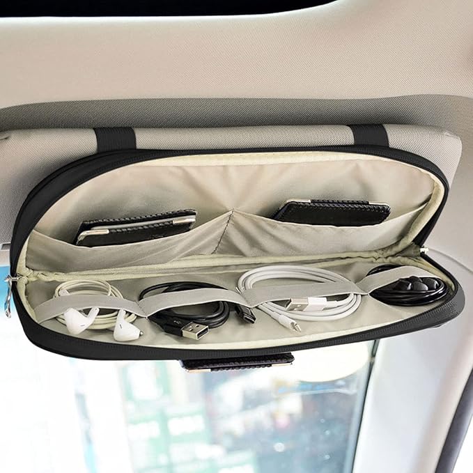 Da by Car Sun Visor Organizer, Multi-Pocket Visor Organizer Storage Pouch for Cars, SUVs & Trucks with Double Zippers, Elastic Bands & Glasses Clip - Organizes Essentials Keep Tidy (Black)