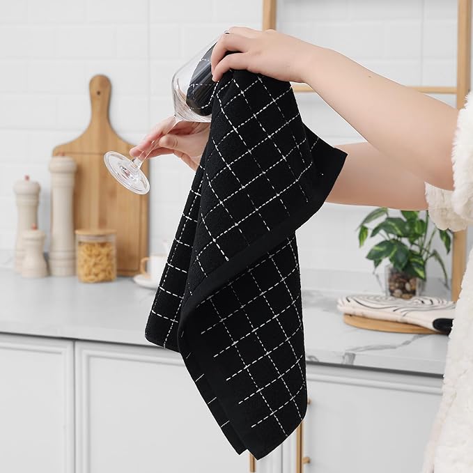 Homaxy 100% Cotton Terry Kitchen Towels(Black, 20 x 28 inches), Checkered Designed, Soft and Super Absorbent Dish Towels, Large 6 Pack