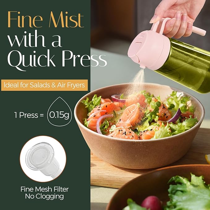YARRAMATE 16oz/470ml Light-Blocking Dark Oil Sprayer for Cooking, 2 in 1 Olive Oil Dispenser Bottle for Kitchen, Dark Green Glass Oil Bottle, Food-Grade Oil Mister for Air Fryer, BBQ (PeachPink)